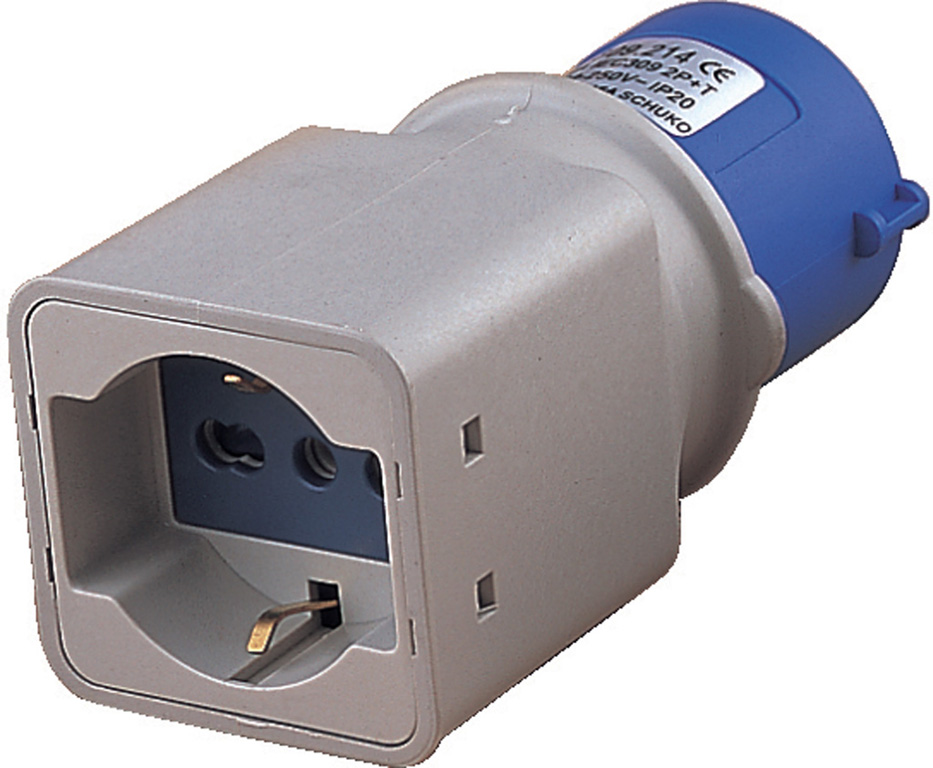 Adattatore di sistema MAURER PLUS da spina 2P+T CEE 16A 250V blu - 1 presa 2P+T 16A Bipasso/Schuko 250V - IP44