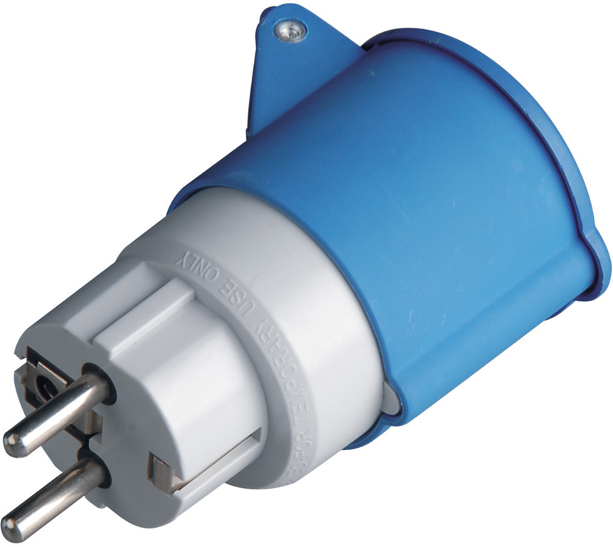 Adattatore di sistema MAURER PLUS da spina Schuko 2P+T 16A 250V - 1 presa 2P+T CEE 16A 6H 230V blu