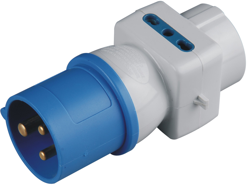 Adattatore di sistema multiplo da spina  2P+T CEE 16A 250V blu - 2 prese 2P+T 10/16A bipasso 250V e 1 presa Schuko - IP44
