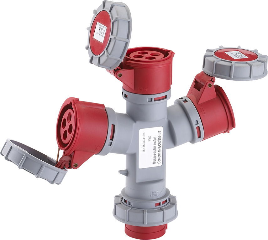 Adattatore industriale multiplo MAURER PLUS a tre vie - spina 3P+T 16A 380V 6H IP67- 3 prese 3P+T 16A 380V 6H IP67