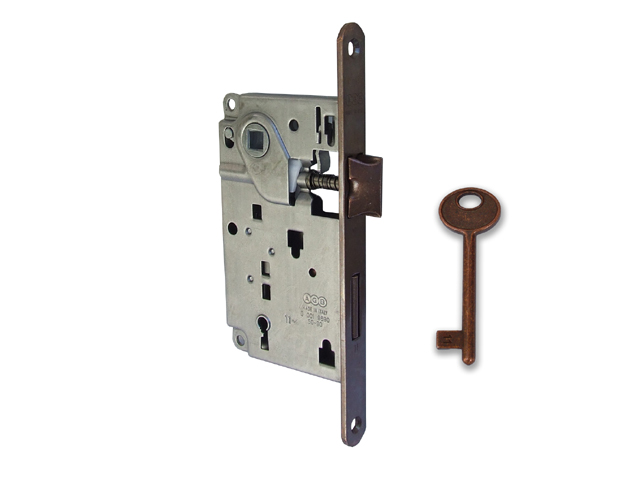 AGB Serratura patent B01002.50 NICHELATA. Centro con catenaccio, scatola piccola, passo chiave 8x90 entrata mm.50 frontale mm.18