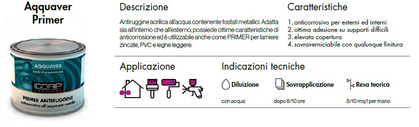 AQQUAVER PRIMER ANTIRUGGINE  BIANCO BASE P/T ML500. Antiruggine acrilica all’acqua contenente fosfati metallici. Adattasia all’i