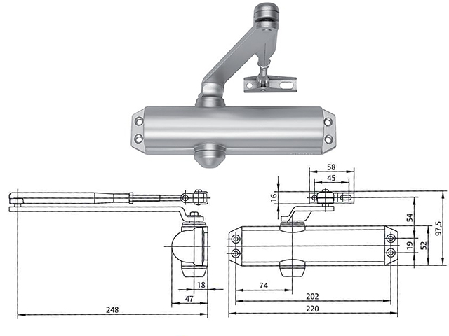 Assa Abloy DC120 chiudiporta aereo forza 2/4 compreso di braccio senza fermo colore argento.