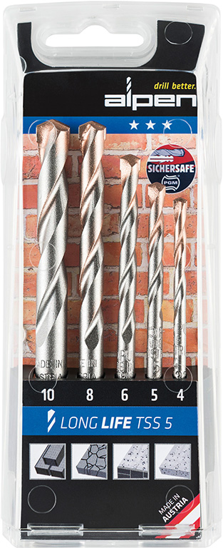 Assortimento di 5 pz punte da muro cilindriche ALPEN Long Life art. TSS5 - con placchette in metallo duro - diam. 4-5-6-8-10 mm