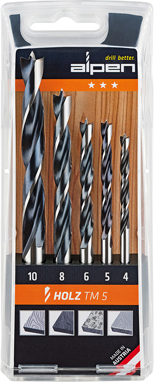Assortimento di 5 pz punte elicoidali per legno ALPEN Holz art.TM5 - diam 4,5,6,8,10 mm
