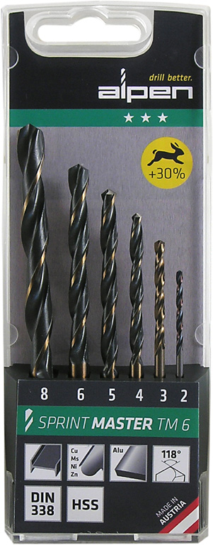 Assortimento di pz 6 punte cilindriche per metallo,   HSS DIN 338 ALPEN art. Sprint Master TM6 - diam. 2,3,4,5,6,8 mm - adatte p