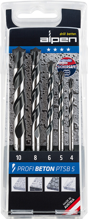 Assortimento pz 5 punte da muro cilindriche ALPEN Profi Beton art. PTSB5 - con placchetta in metallo duro - esecuzione rettifica