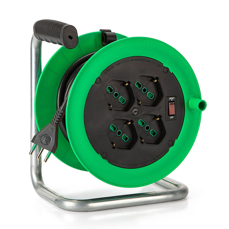 Avvolgicavo 15MT domestico FANTON con disgiuntore termico - tamburo avvolgicavo Ø 195mm con cavalletto metallico -  4 prese 2P+T