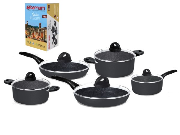 BATTERIA 10 PEZZI RUSTICABatteria 10 pezzi Rustica in alluminio antiaderente. 100% prodotto da alluminio reciclato. Rivestimento