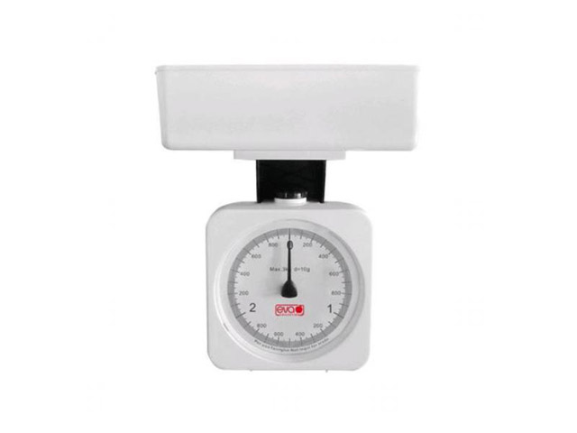 BILANCIA CUCINA EVA 3KGBilancia meccanica bianca con quadrante ad orologio, corpo e bacinella in ABS. Portata 3kg, suddivisione 