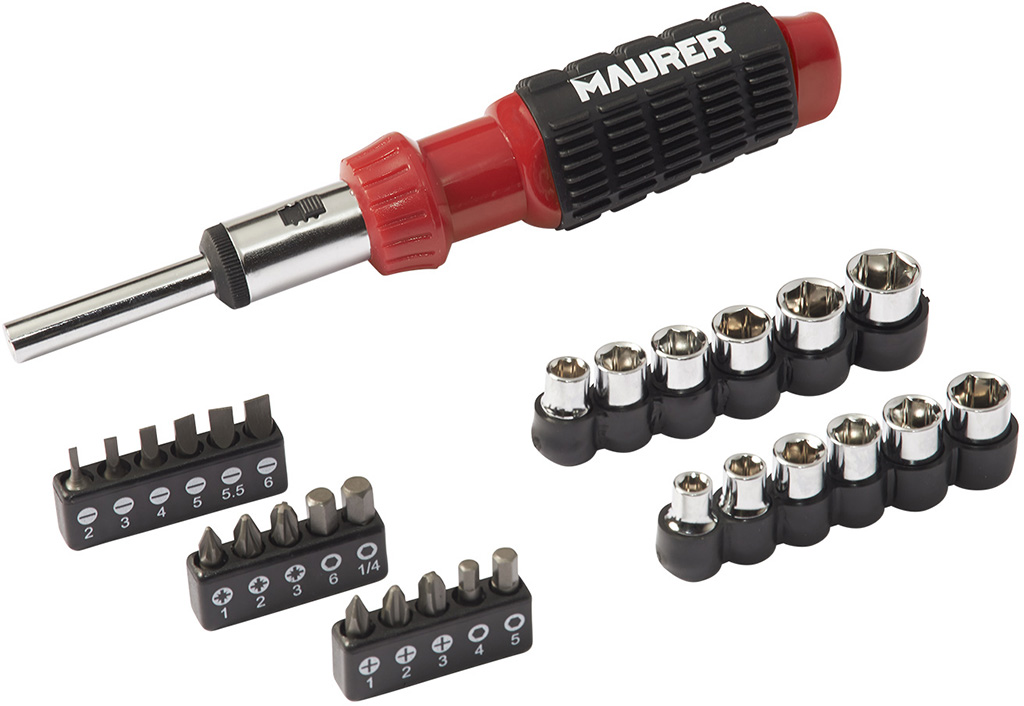 Cacciavite nano a cricco MAURER al cromo vanadio - assortimento composto da 29 pezzi: 1 cacciavite a cricco, 16 inserti, 12 buss