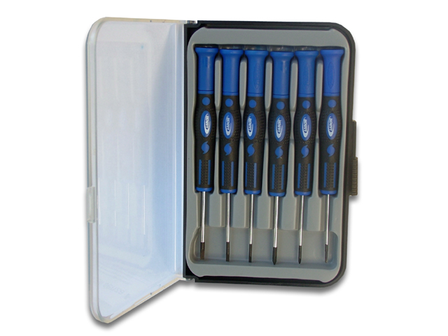 Cacciaviti di precisione con manico girevole e ricoperto. Assortimento di 6 pezzi (3 taglio + 3 croce) in scatola portatile.