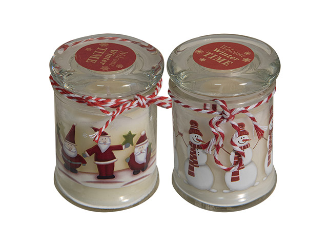 CANDELA IN VASETTO DECORATO Candela non profumata in vasetto di vetro decorato. Cm.H 7,5x Ø 5,5 cm.