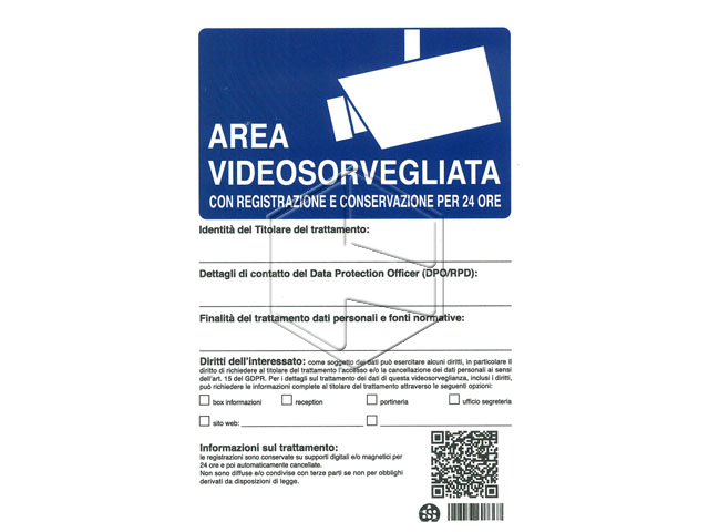 Cartello area videosorvegliata con registrazione e conservazione per 24 ore, in alluminio. Dimensione mm 300x200.
