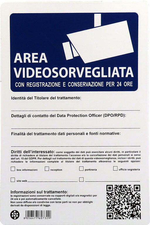 Cartello in plastica AREA VIDEOSORVEGLIATA 24 ORE DI REGISTRAZIONE - 20x30 cm