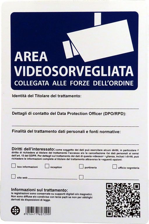 Cartello in plastica AREA VIDEOSORVEGLIATA COLLEGATA ALLE FORZE DELL'ORDINE - 20x30 cm
