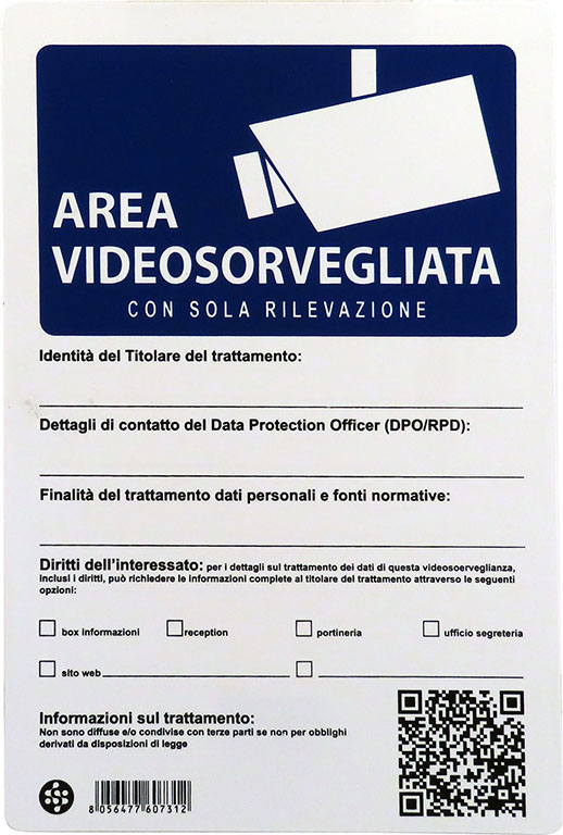 Cartello in plastica AREA VIDEOSORVEGLIATA CON SOLA RILEVAZIONE - 20x30 cm