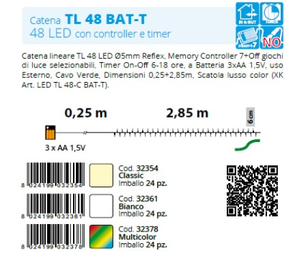 CATENA LINEARE 48 LED DIAM. FILO 5MM REFLEX. Memory controller 7+off giochi di luce selezionabili. Timer on-off 6-18 ore. A BATT