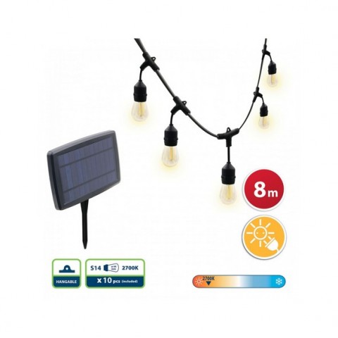 CATENARIA LUMINOSA AD ENERGIA SOLARE 8MT CON 10 LAMPADE LED 2700K E14 , 300 LUMEN.