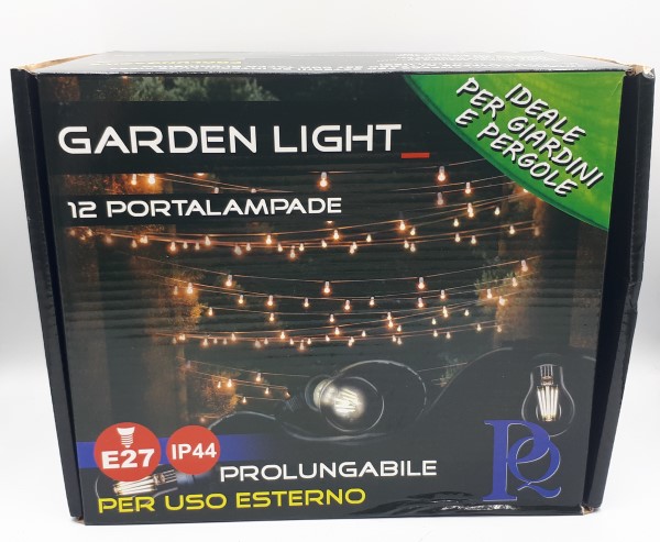 CAVO A CATENA NERO CON 12 PORTA LAMPADE E27 DA ESTERNO / INTERNO IP44 da 6mt.Cavo in gomma sezione 2x1mmspina schukoPROLUNGABILE