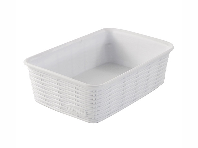 CESTINO ELEGANCE BIANCO 20x14CMxH6CMCestino in plastica rettangolare multiuso in finitura midollino. Idoneo al contatto alimenta