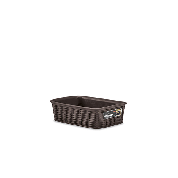 CESTINO ELEGANCE MOKA 20x14CMxH6CMCestino in plastica rettangolare multiuso in finitura midollino. Idoneo al contatto alimentare