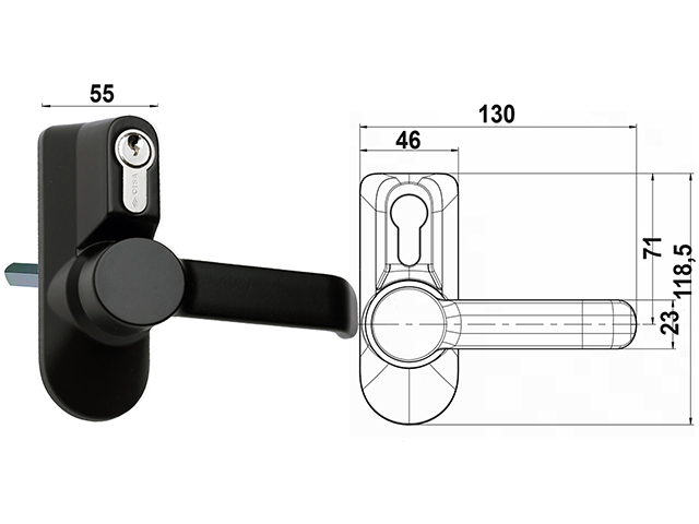 Cisa 07078.38. Placca In lega di alluminio verniciato nero, con maniglia e cilindro. Per maniglione antipanico Cisa.
