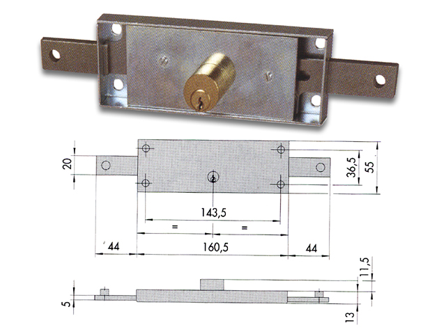 Cisa 41010.80.0 Serratura per serrande, centrale, fornita con 3 chiavi, 2 esterne + 1 interna. Dimensioni: mm.H55xL160xP13, spor