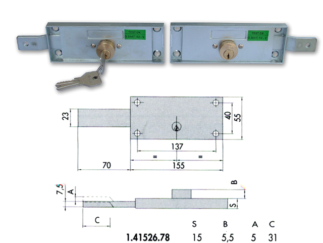 Cisa 41526.78.0 Coppia Serrature per serranda, laterali, con 3 chiavi unificate, 2 esterne + 1 interna. Dimensioni: mm.H55xL155x