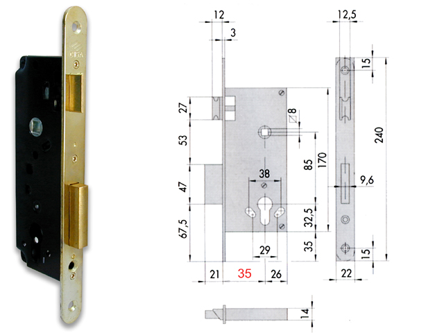 Cisa 5C130 Serratura da infilare per cilindro europeo, catenaccio e scrocco, quadro maniglia, frontale mm.22, bordo tondo. Caten