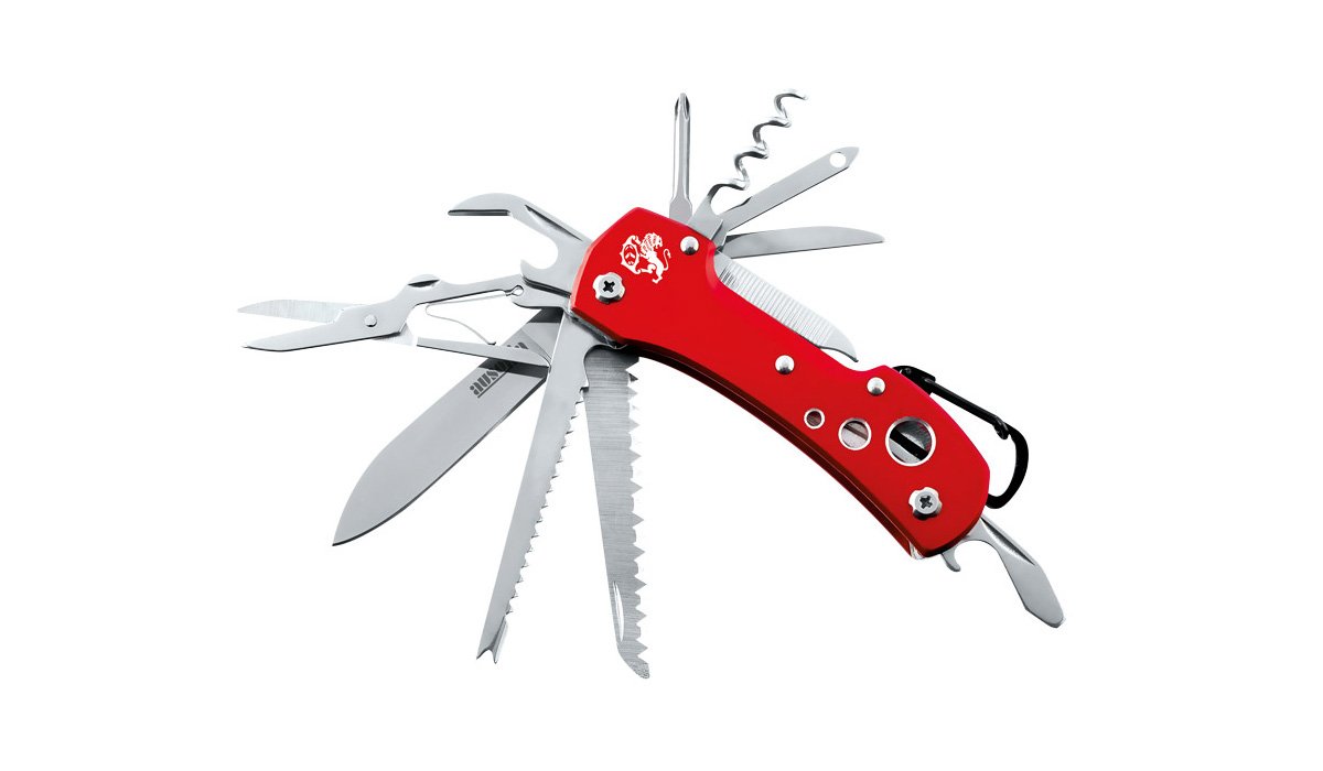 Coltello multiuso 15 usi. 9,5 cm chiuso in acciaio inossidabile.