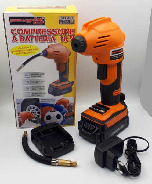 COMPRESSORE A BATTERIA 18VCon batteria litio 2000mAH, pressione max 8bar -116 psi, FLUSSO ARIA 8L/min. Con display per verificar