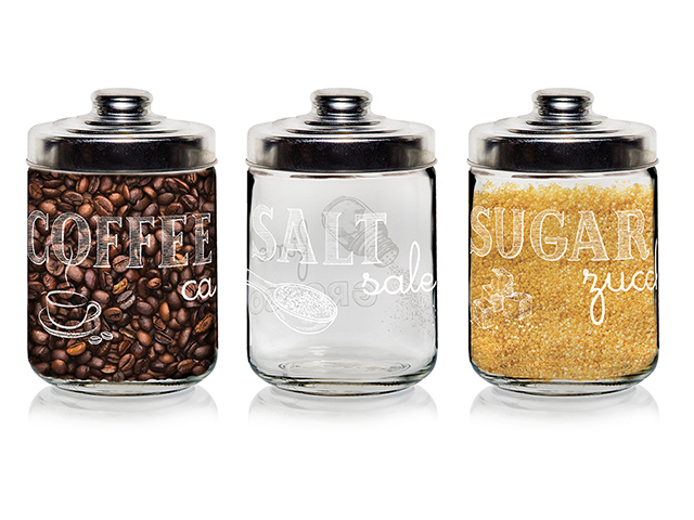 Confezione 3 barattoli in vetro con tappo in alluminio cc.800 decoro Easy White con scritte sale,zucchero e caffè.