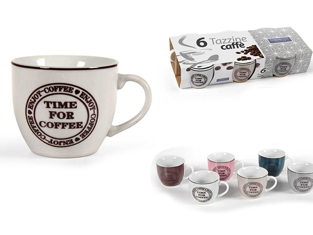 Confezione 6 tazze caffè senza piatto in porcellana decoro TIME FOR COFFE colori assortiti 90 cc.