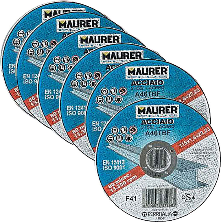 Confezione dischi da taglio FERRO MM115X1,6X22,23 resinoide rinforzato a centro piano MAURER PLUS per ferro  - pz. 5 + 1 in omag