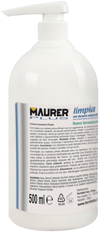 Crema dermolavamani MAURER PLUS LIMPIA a base di aloe e abrasivi minerali - pH neutro - profumo agrumato - fornita con dosatore 