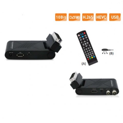 DECODER DIGITALE DVB-T2 H265 SPINA SCART 180°, HDMI, TELECOMANDO 2IN1 PER TV
