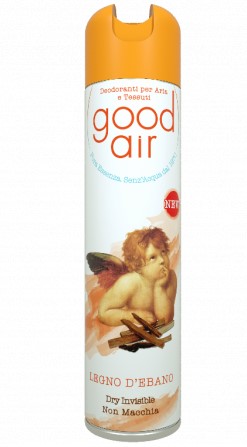 Deodorante spray Good Air 400ML AL PROFUMO DI LEGNO DI EBANO, per ambiente e tessuti, per un atmosfera dolce ma frizzante.