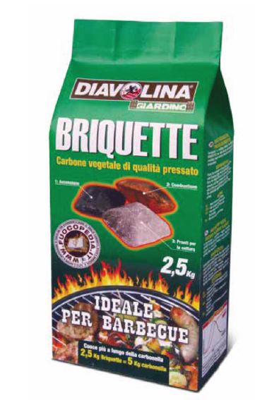 DIAVOLINA BRIQUETTE KG2,50. Carbone vegetale di qualità pressato. Ideale per barbecue.