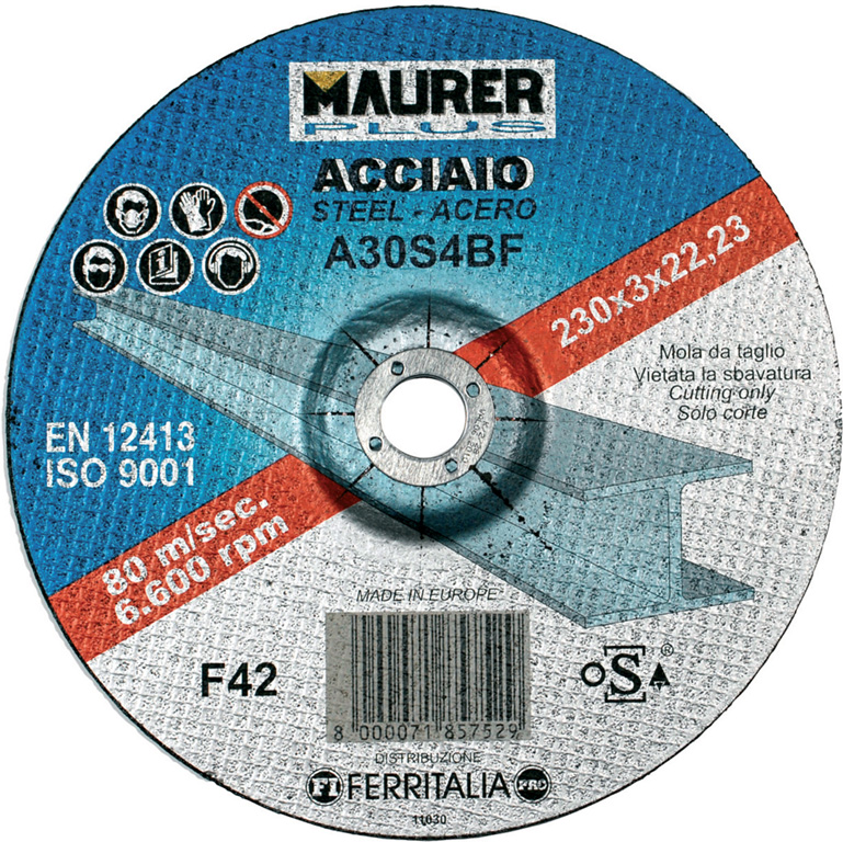 Disco da taglio MM125X1,6  resinoide rinforzato a centro piano  MAURER PLUS per ferro - diam. foro 22,23 mm