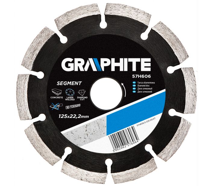 DISCO DIAMANTATO 125 X 22,2 MM, SEGMENTATO PER TAGLIO DI:  calcestruzzo, cemento armato, granito, marmo, pietra, mattoni, ecc.