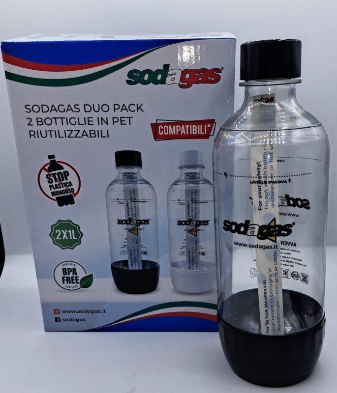 DUOPACK SET DUE BOTTIGLIE GASATORE IN PET RIUTILIZZABILI SODAGAS BOLLICINO