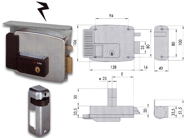 Elettroserratura Cisa 11721-60-01. da applicare, DESTRA , con doppio cilindro, cilindro esterno fisso, alimentazione 12V, finitu