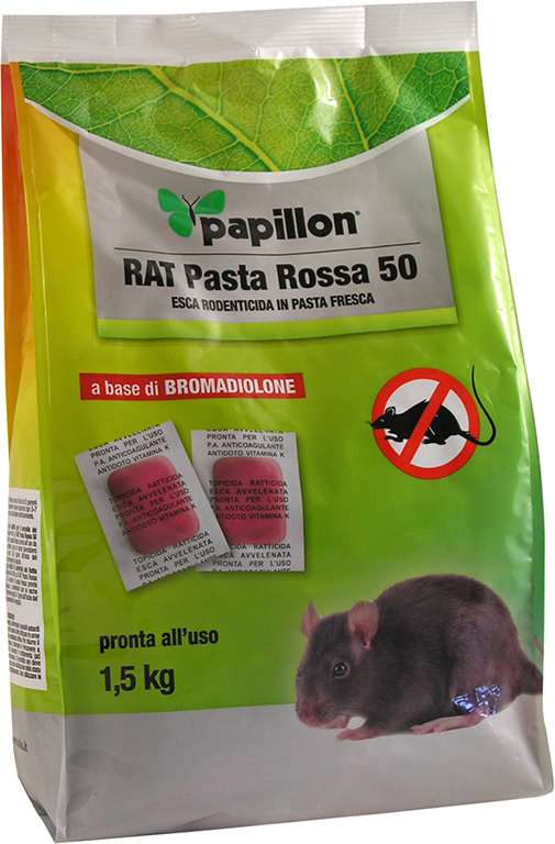Esca topicida 1,5KG PAPILLON a base di BROMADIOLONE in pasta rossa -  pronta all'uso - efficace contro Topolino domestico (Mus m
