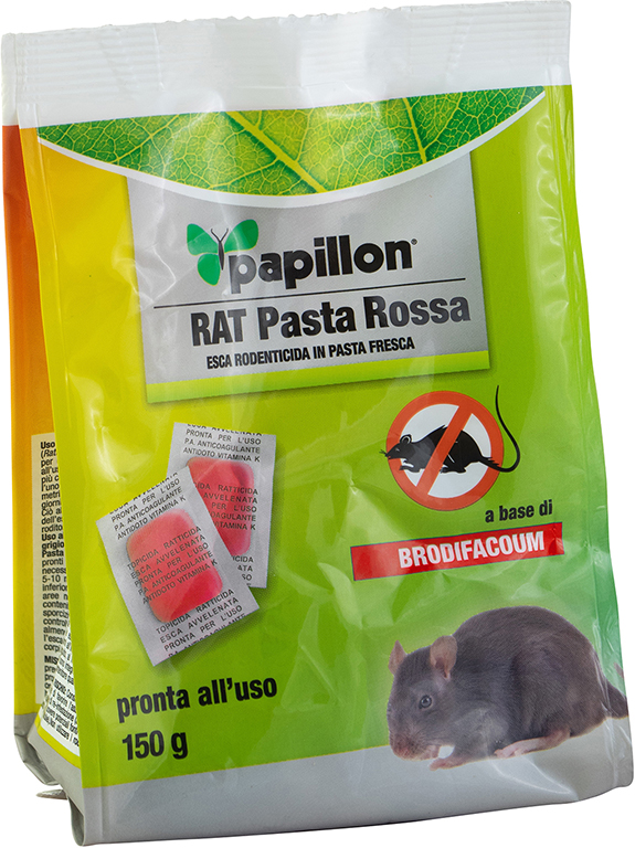 Esca topicida gr150 PAPILLON a base di BRODIFACOUM - 25 ppm - in pasta rossa - aroma vaniglia - pronta all'uso