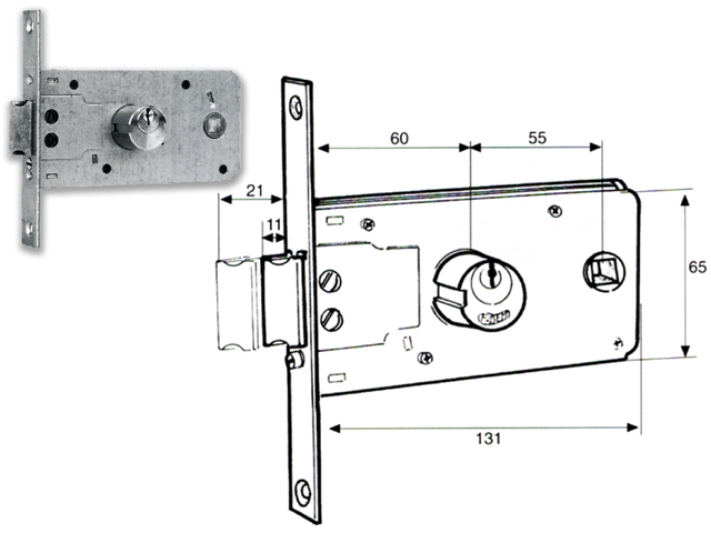 FA.SE.M 901 Serratura a fascia da infilare E=60mm, cilindro tondo Ø25x54, 2 chiavi, quadro 8,frontale mm18x130.