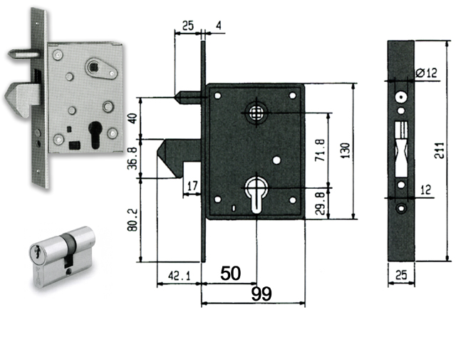 FIAM Serratura gancio pesante 77QL per porte e cancelli scorrevoli, 1 mandata e mezzo giro, quadro maniglia. MM60