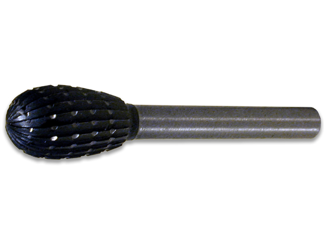 Fresa rotativa costruite in acciaio al cromo vanadio. Forma a oliva. Testa 12x20, gambo 6x40. Tagliente dotato di rompitruciolo.