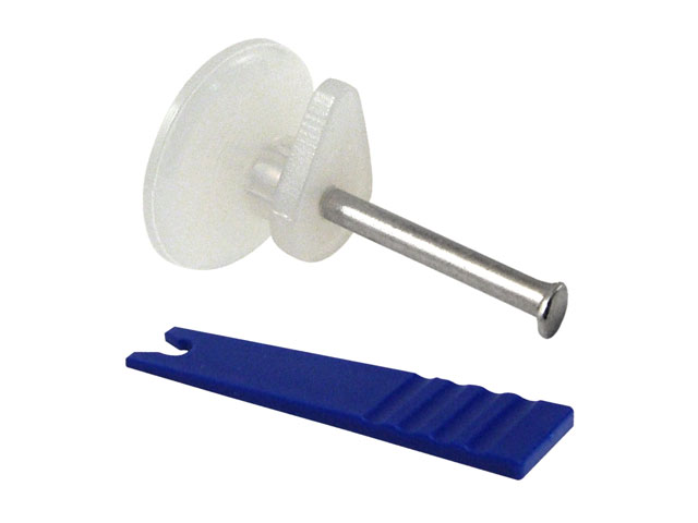 Gancio da parete in nylon color ghiaccio completo di chiodo in acciaio e applicatore.