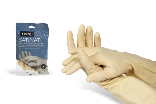 Guanti in lattice taglia L satinati CE-Cat.1 - S, Guanti in puro lattice naturale, per pelli sensibili. Uso domestico. Presa Ant